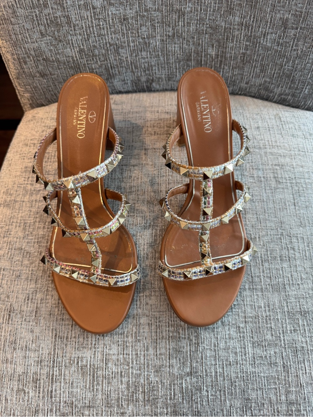 Valentino Brown Leather Multistrap Crystal-Embellished Heels